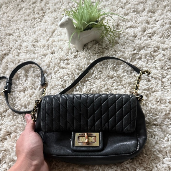 Black Karl lagerfeld leather quilted shoulder bag  gold hardware quilted… - Picture 2 of 6